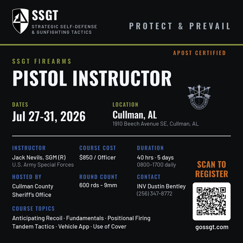 26-A07-HG3: 40-hour SSGT Firearms: Handgun Instructor Course in Cullman, AL (July‘26)